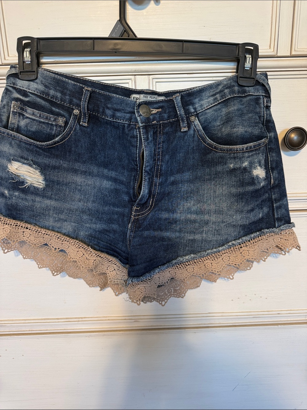 Free People Dark Blue Distressed Denim Shorts with Beige Lace Hem